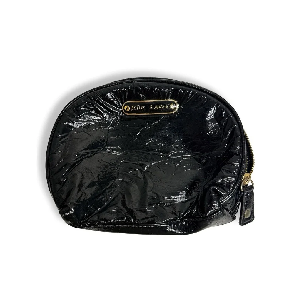 Betsey Johnson Black Patent Leather Dome Cosmetic Bag Makeup Pouch Gold Zipper